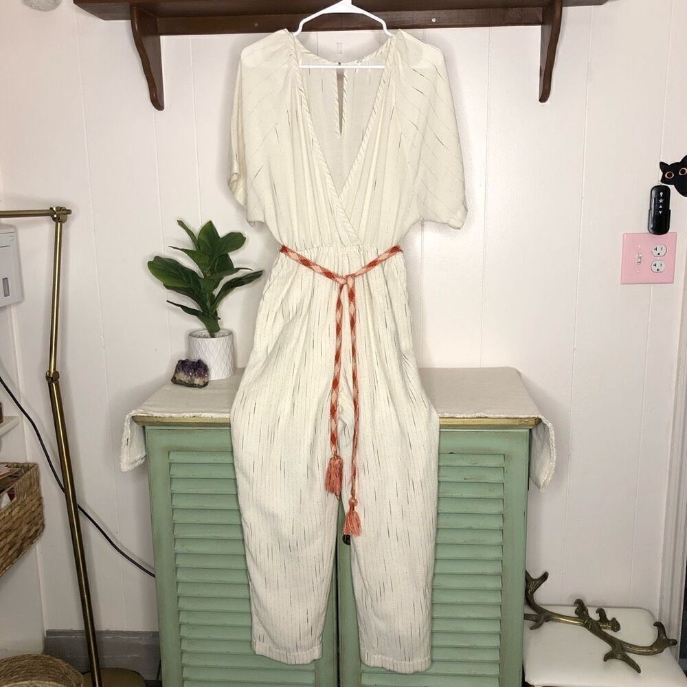 Anthropologie Feather Bone Womens Pin Stripe Short Sleeve Jumpsuit Cream Size XS